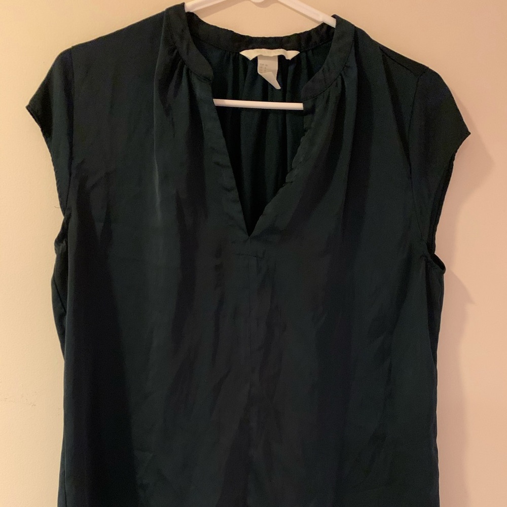 H&M Forest Green Satin Silk Blouse with V-Neck